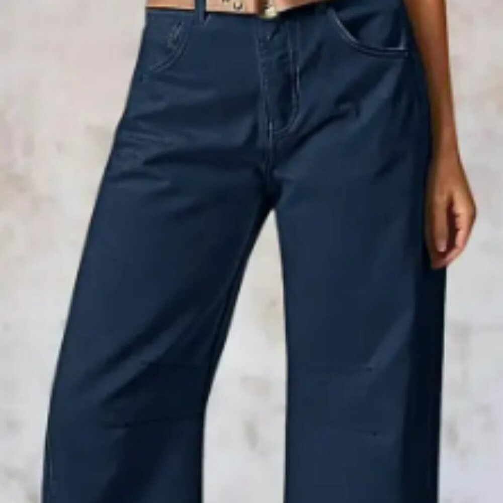 Solid Stitch Detail Mid Waist Crop Straight Leg Pants Navy Blue - Large NWT